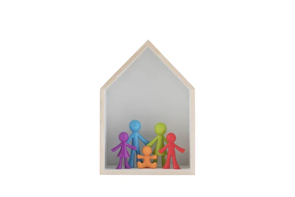 Colorful Family Figurines Wooden House White Background Clipping Path — Stock Photo, Image