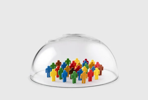 Grupo Colorido Figuras Pessoas Protegidas Sob Uma Cúpula Vidro — Fotografia de Stock