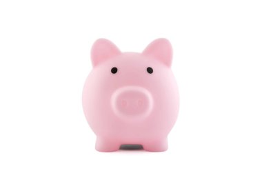 Pembe domuz kumbarası kırpma yolu olan beyaza izole edilmiş.