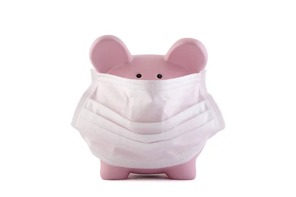Pink Piggy Bank Protective Medical Mask Isolated White Clipping Path — Stock Photo, Image