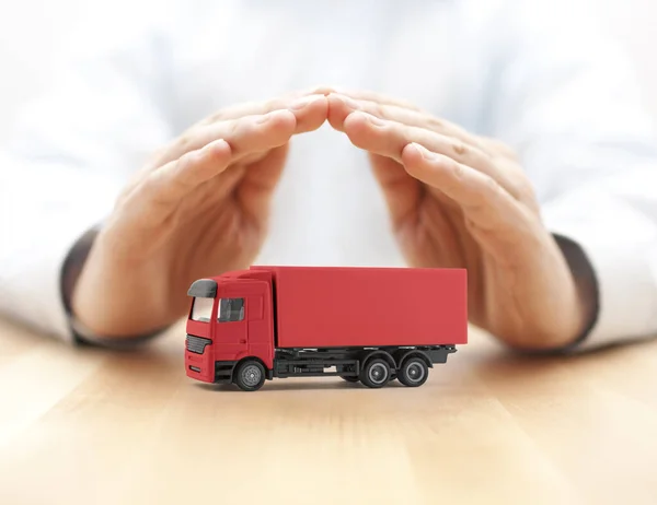 Red Cargo Delivery Truck Protected Hands — Stock Photo, Image