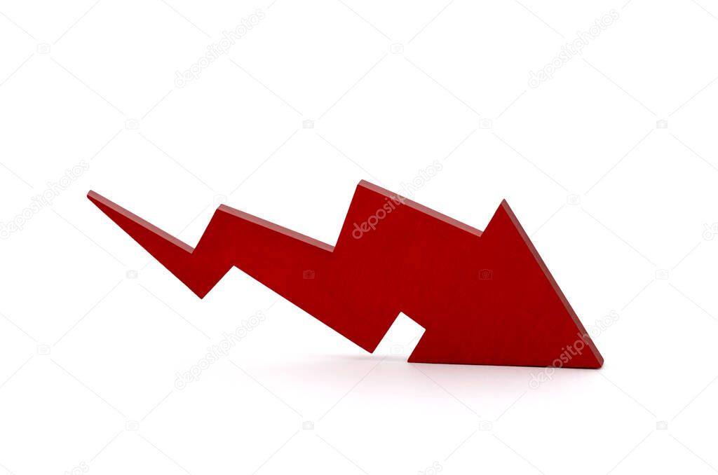 Falling red arrow on white background with clipping path