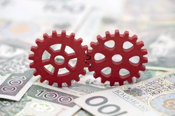 Two Red Gears Polish Money Macro Shot — Stock Photo, Image