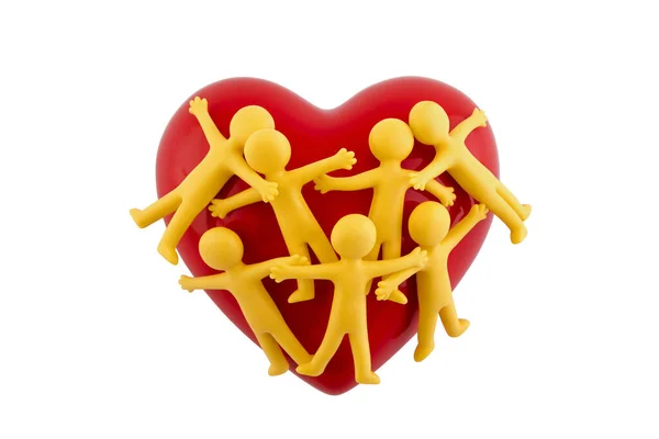 Group People Figures Sticking Together Red Heart Isolated White Background — Stock Photo, Image