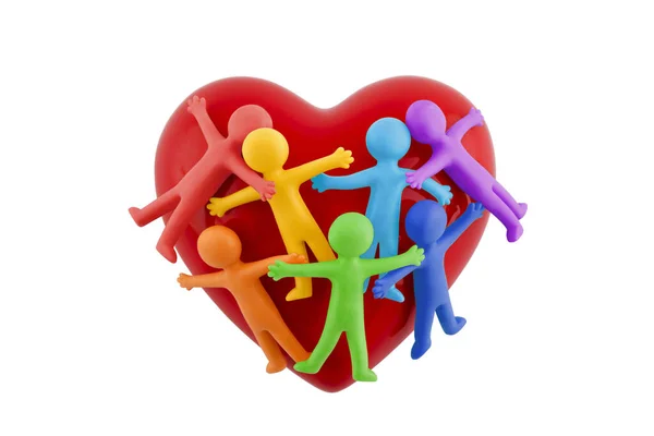 Group Colorful People Figures Sticking Together Red Heart Isolated White — Stock Photo, Image