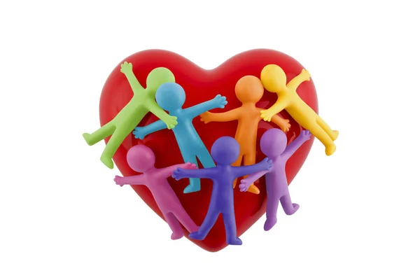 Grupo Figuras Pessoas Coloridas Colando Junto Com Coração Vermelho Isolado — Fotografia de Stock