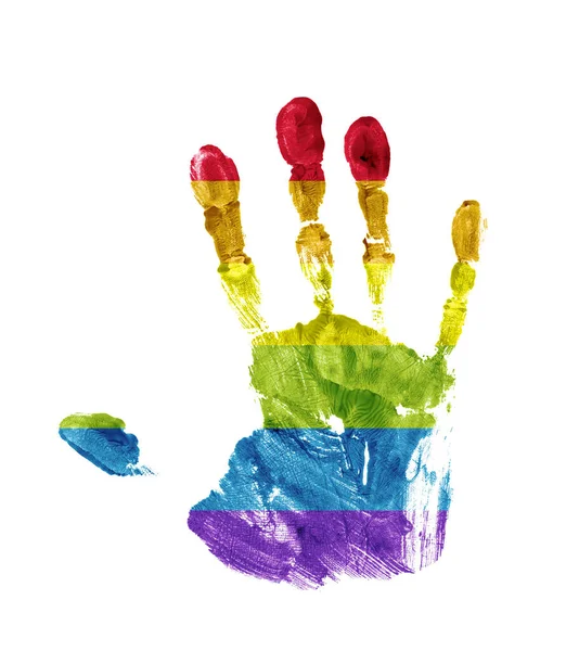 Handafdruk Met Kleuren Van Regenboogvlag Geïsoleerd Witte Achtergrond — Stockfoto