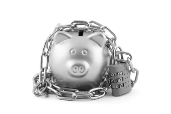 Silver Piggy Bank Secured Padlock Isolated White Clipping Path — Stock Photo, Image