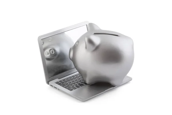 Zilveren Spaarvarken Bank Laptop Geïsoleerd Wit Met Clipping Pad — Stockfoto