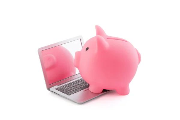 Roze Spaarvarken Bank Laptop Geïsoleerd Wit Met Clipping Pad — Stockfoto