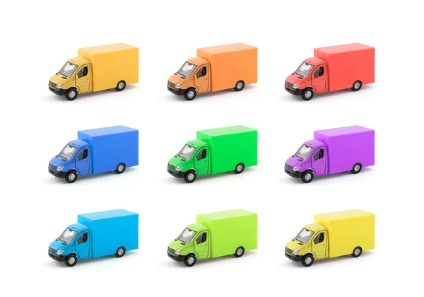 Grupp Färgglada Lastbil Leverans Vit Bakgrund — Stockfoto