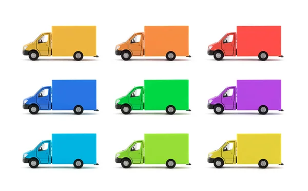 Group Colorful Cargo Delivery Trucks White Background — Stock Photo, Image