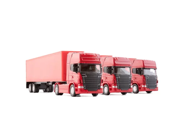 Grupo Tres Camiones Largos Rojos Con Remolques Aislados Sobre Fondo —  Fotos de Stock
