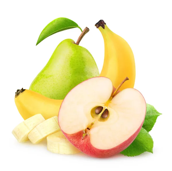 Geïsoleerde appel, banaan en peer — Stockfoto