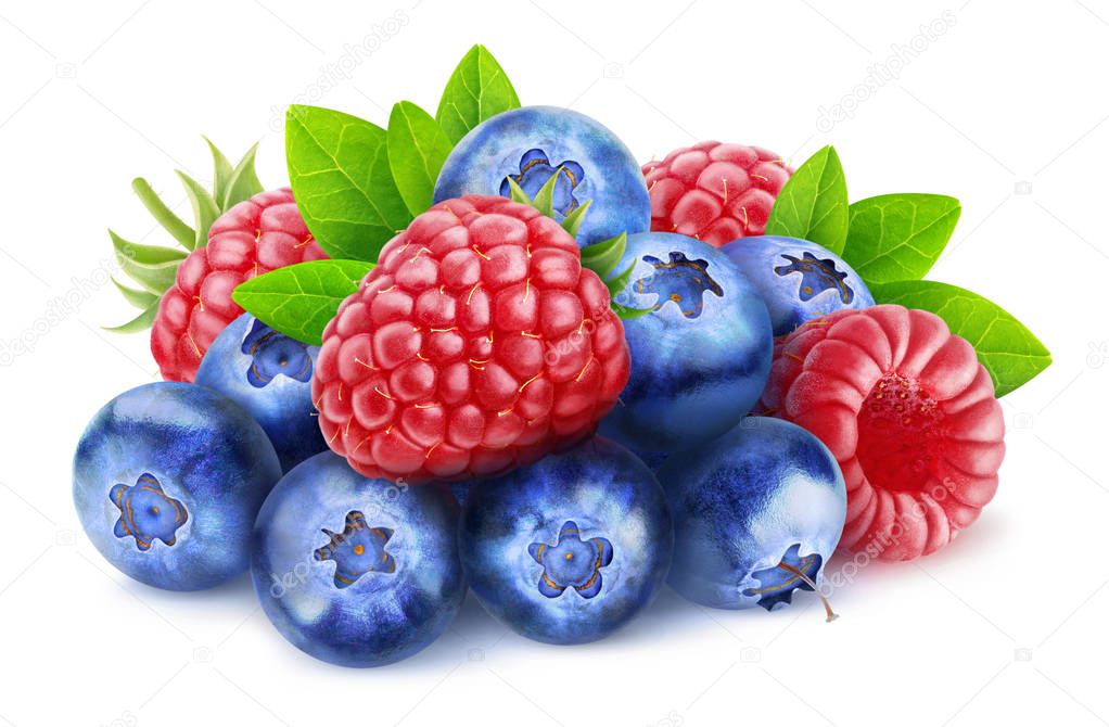 Isolated blueberries and raspberries