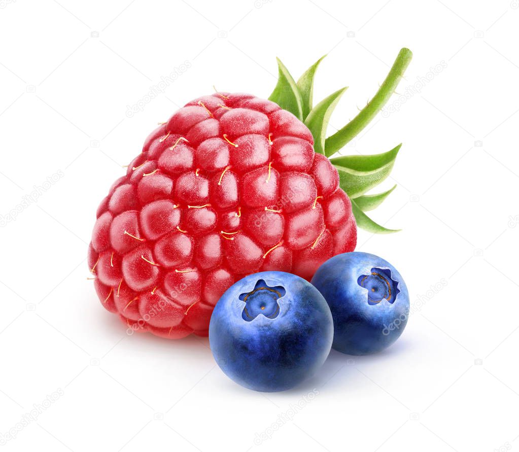 Isolated raspberry and blueberries