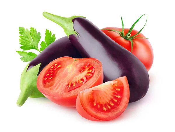 Geïsoleerde aubergines en tomaten — Stockfoto