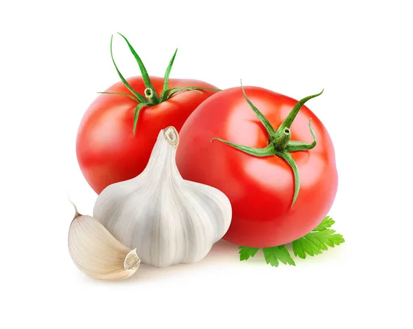 Isolated tomatoes and garlic — Stock Photo, Image