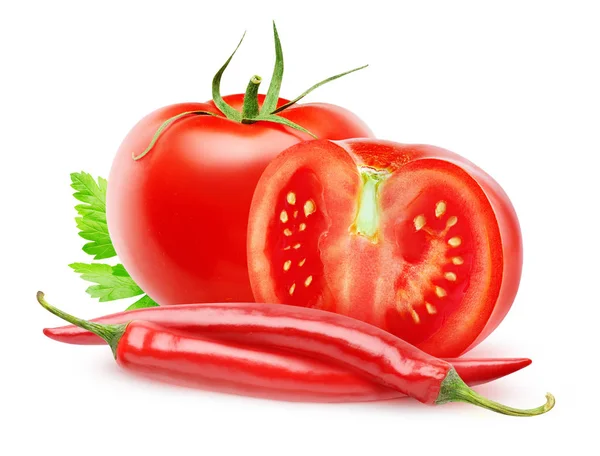 Fresh tomatoes and chili peppers — Stock Photo, Image