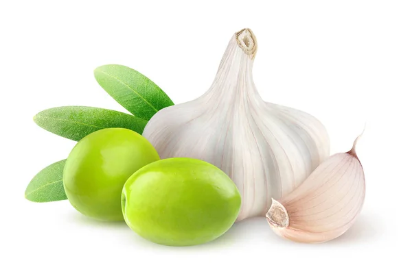 Isolierte Oliven und Knoblauch — Stockfoto