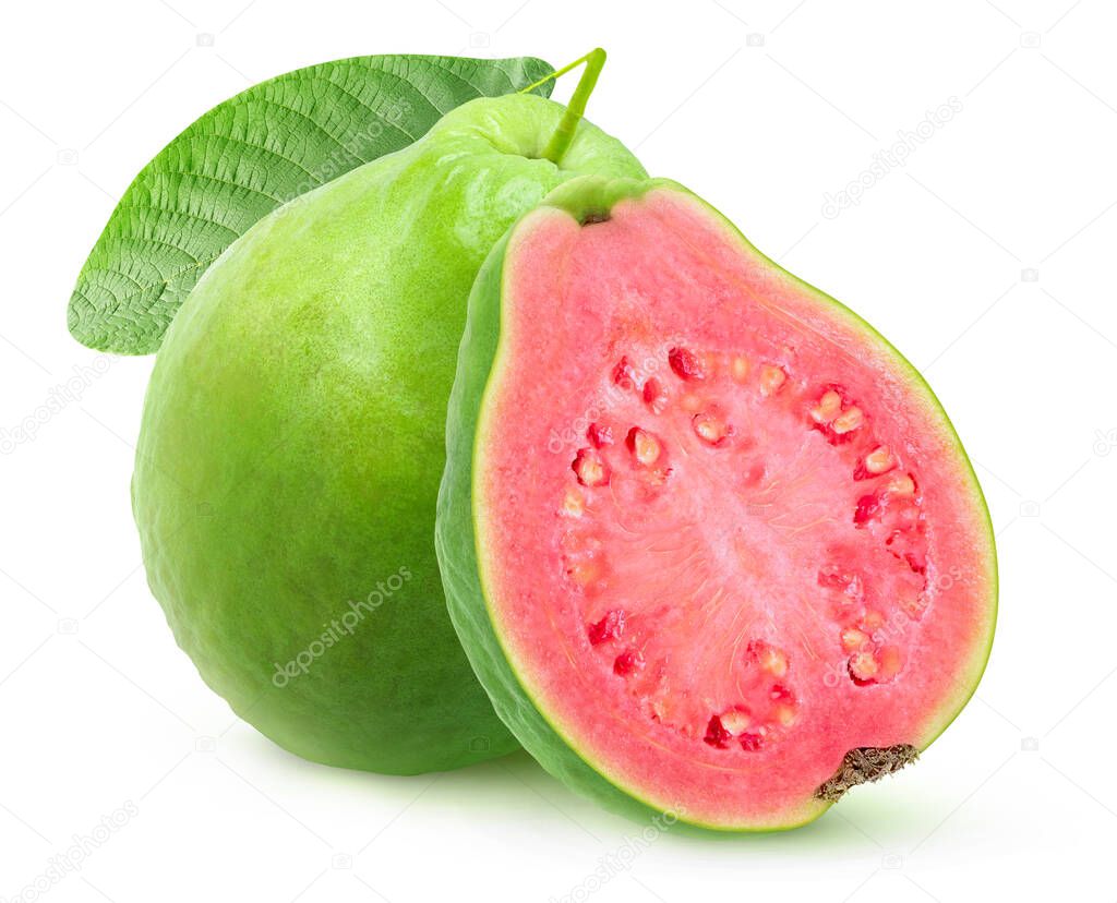 Isolated green guava with pink flesh. One whole fruit and a half isolated on white background with clipping path