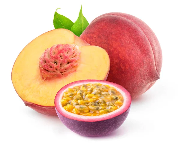 Isolated Mixed Fruits Cut Peach Passion Fruit Isolated White Background — Stock Photo, Image