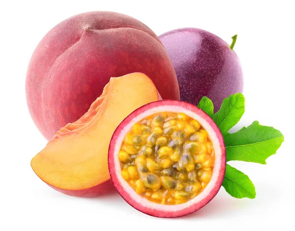 Isolated Peach Maracuya Cut Passion Fruit Sliced Peach Isolated White — Stock Photo, Image