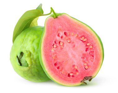 Isolated guavas. Cut guava tropical fruits with green skin and pink flesh isolated on white background clipart
