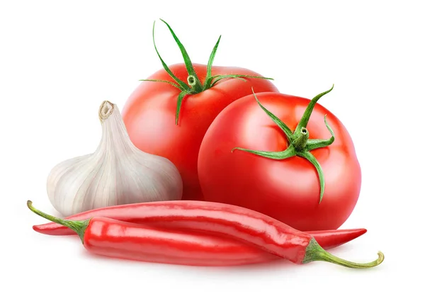 Ingredienti Salsa Arabbiata Isolata Due Pomodori Freschi Peperoncini Rossi Una — Foto Stock