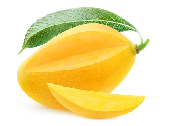 Izolované Žluté Mango Jedno Celé Mango Ovoce Listem Vyříznutým Dílem — Stock fotografie