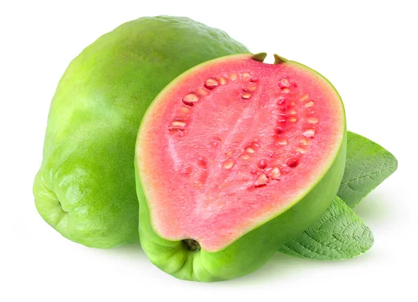 Isolerad Grön Rosa Fläckig Guava Hela Grön Guava Frukt Och — Stockfoto