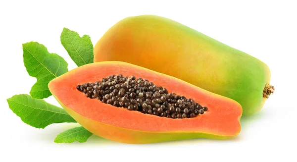 Elszigetelt Papaya Egy Friss Papaya Gyümölcs Másfél Felett Levelek Elszigetelt — Stock Fotó