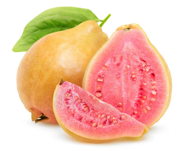 Guaiave Gialle Isolate Frutto Guava Intero Una Metà Una Fetta — Foto Stock
