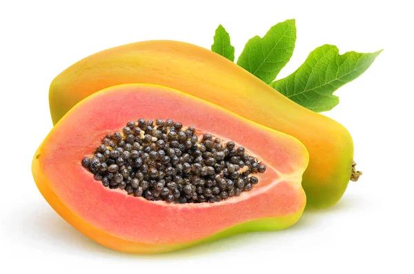 Elszigetelt Papaya Másfél Papaya Gyümölcs Fehér Alapon Izolált Levéllel — Stock Fotó