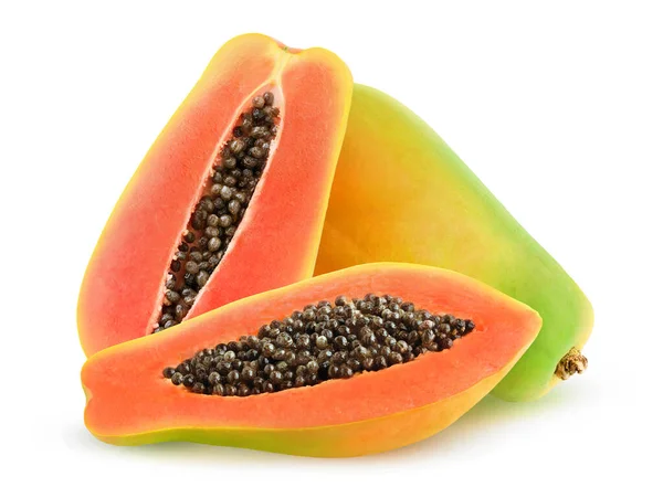 Geïsoleerde Papaya Vruchten Een Hele Papaja Een Tweeën Gesneden Geïsoleerde — Stockfoto