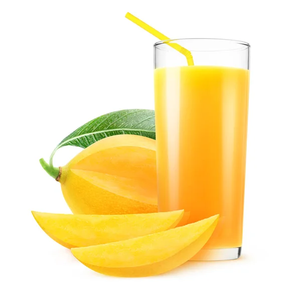 Geïsoleerd Vruchtensap Gesneden Gele Mango Glas Mango Drank Geïsoleerd Witte — Stockfoto