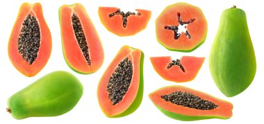 İzole edilmiş yeşil papaya meyveleri. Beyaz arkaplan üzerinde izole edilmiş ham kesim papaya koleksiyonu