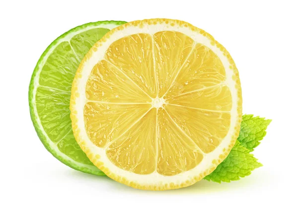 分離された柑橘類のスライス 白い背景にミントの葉で隔離されたレモンとライムの断面 — ストック写真