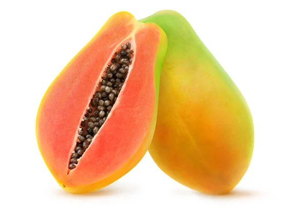 Geïsoleerde Gesneden Papaja Veelkleurige Papaja Fruit Helften Geïsoleerd Witte Achtergrond — Stockfoto