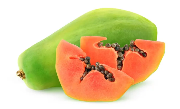 Elszigetelt Papaya Egy Zöld Papaya Gyümölcs Két Darab Elszigetelt Fehér — Stock Fotó