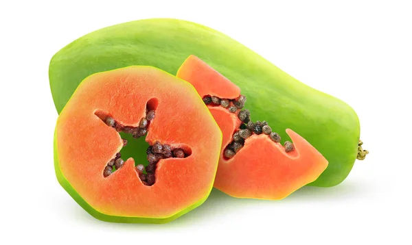 Papaya Frutta Isolata Papaia Verde Grezza Tagliata Pezzi Isolata Sfondo — Foto Stock