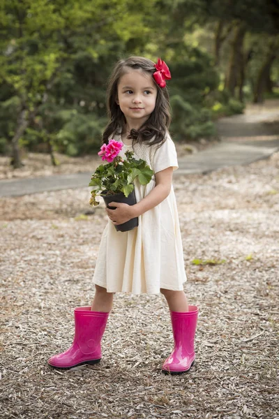 Little Hispanic girl with flowers — Stock Photo, Image