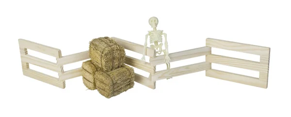 Skelett und Heuballen an einem Holzzaun — Stockfoto