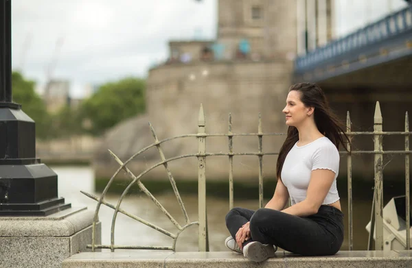 Happy Young Woman Sitting River — Stock Photo, Image