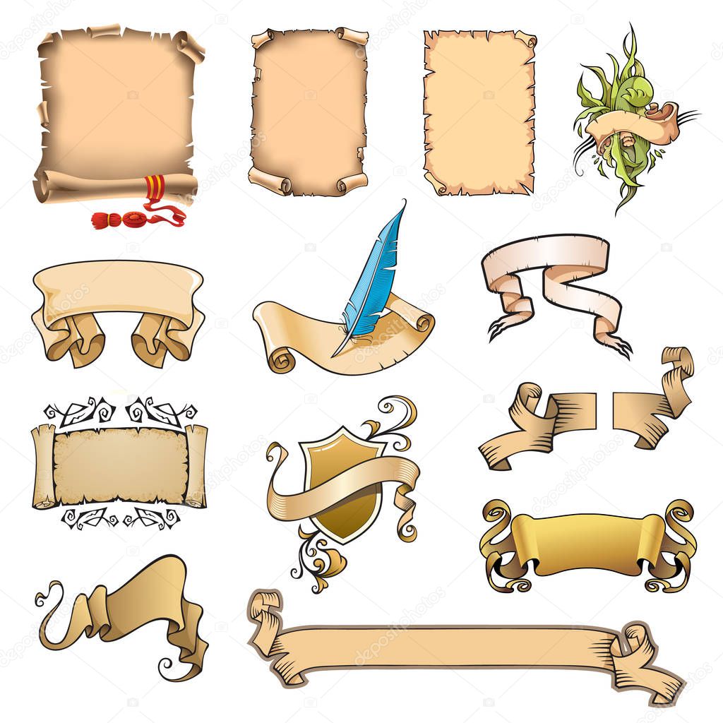 Set of different scrolls and banners, vector illustration