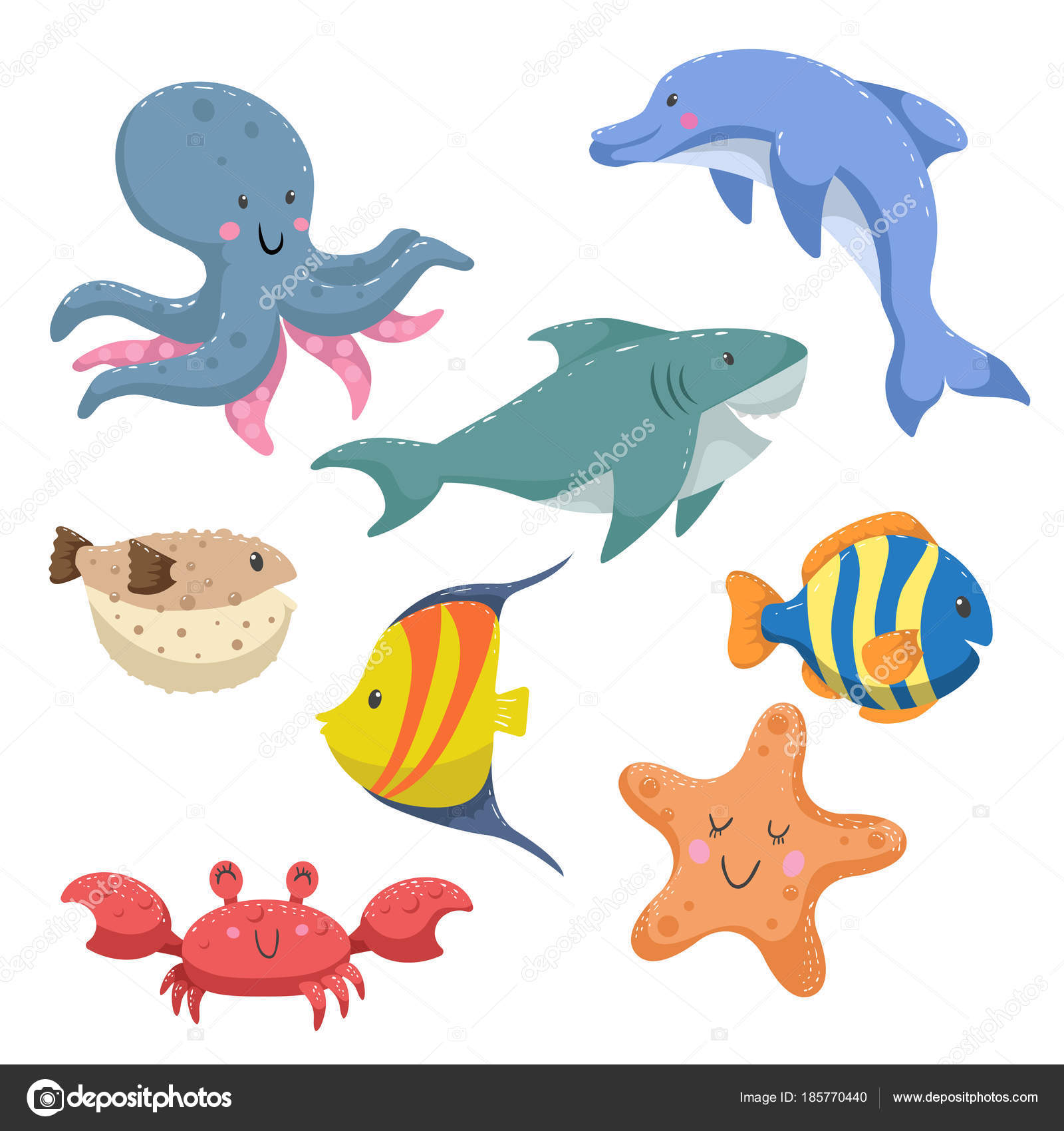 Insieme Del Fumetto Animali Marini Fauna Design Alla Moda Mare — Vettoriale Stock