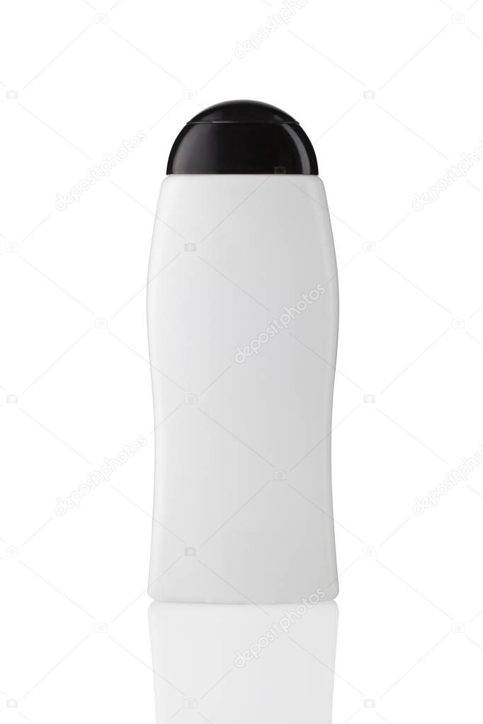 Blank cosmetic bottle with black cap isolated on white background with reflection