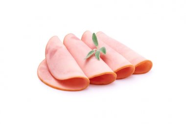 Pişmiş haşlanmış jambon sosis veya otlar ve baharatlar ile beyaz arka plan üzerinde izole haddelenmiş bologna dilimleri