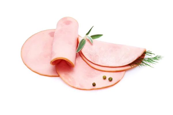 Salsiccia Prosciutto Cotto Bollito Fette Mortadella Arrotolate Isolate Fondo Bianco — Foto Stock