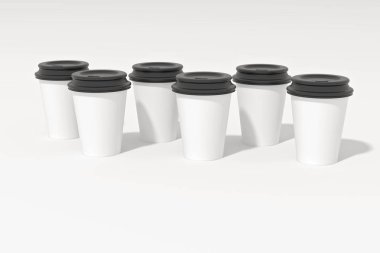 Beyaz kağıt kahve fincanları ve beyaz üzerine siyah plastik kapaklar. 3d